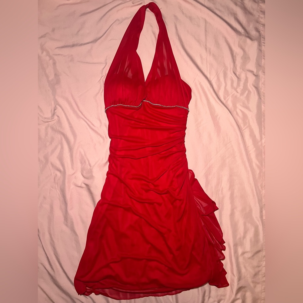 VINTAGE 90s Red Halter Cocktail Dress with Rhinestone Trim